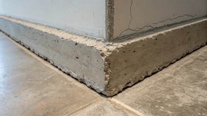 A detailed view of a corner where the concrete floor meets a wall showcasing the jagged edge and slight imperfections of the raw material.
