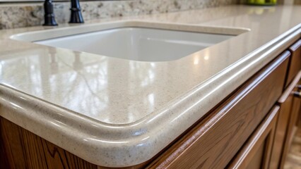 A detailed shot shows the pristine polished finish along most of the countertop with the edges of the sink outs exposing the raw material underneath.