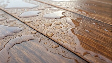 A detailed shot zooming in on the texture of a laminate piece featuring warped sections bubbling areas and uneven color tones from moisture exposure.