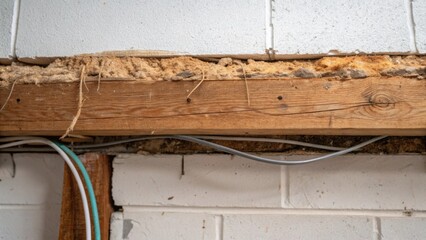 A detailed shot of the edges of a beam where it connects to the adjacent wall displaying a tapestry of textures including rough wood exposed insulation and frayed cables peeking