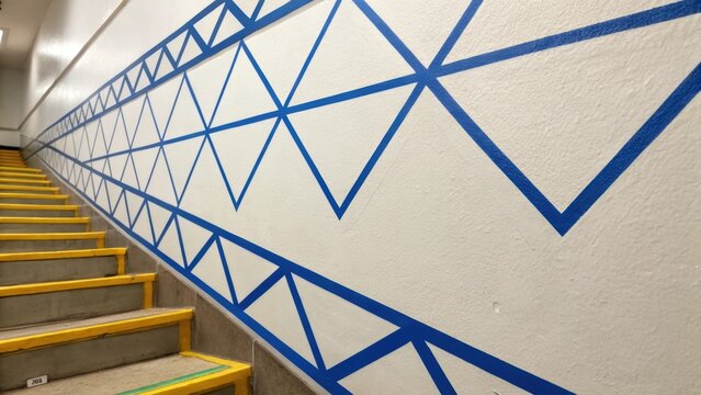 A detailed shot revealing an array of painters tape running diagonally across the wall creating a cascade of triangles with each line sharply defined against the clean surface.