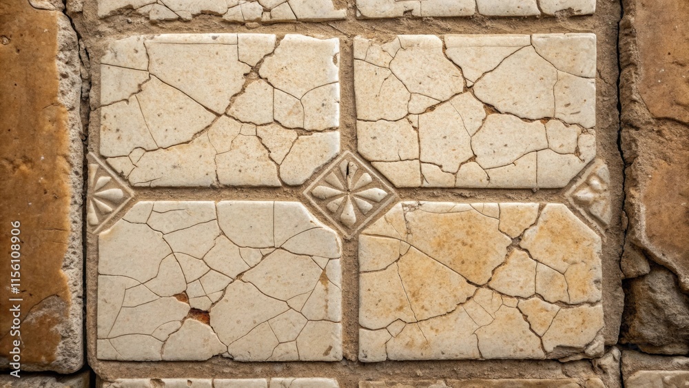 Aufkleber A detailed look at the surface of an antiquated tile highlighting cracks and tiny chips that tell a story of endurance with tiny bits of plaster clinging to the edges.
