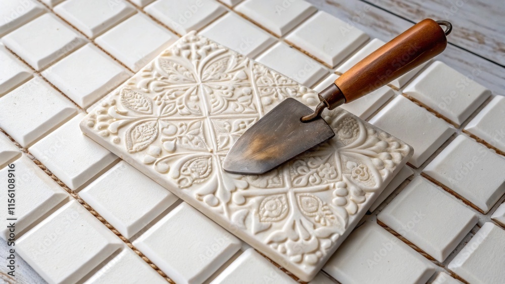 Poster a detailed look at a single ceramic tile showcasing its artisan glaze paired with a trowel resting a