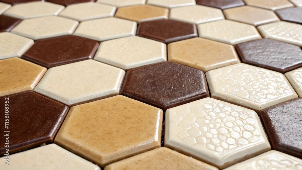 Aufkleber A detailed image of hexagonal tiles with rich hues enveloped in a creamcolored grout emphasizing the precision of the installation and the smooth finish surrounding each tile.