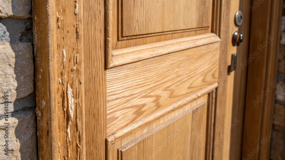 Poster a detailed image of a partially od wooden door revealing its raw surface adorned with splintered edg
