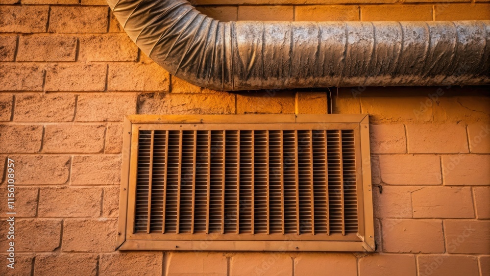 Poster A detailed image of a large rectangular heating vent blending seamlessly with the warm color tones of the wall while rugged heavily textured ducts run above creating an eyecatching