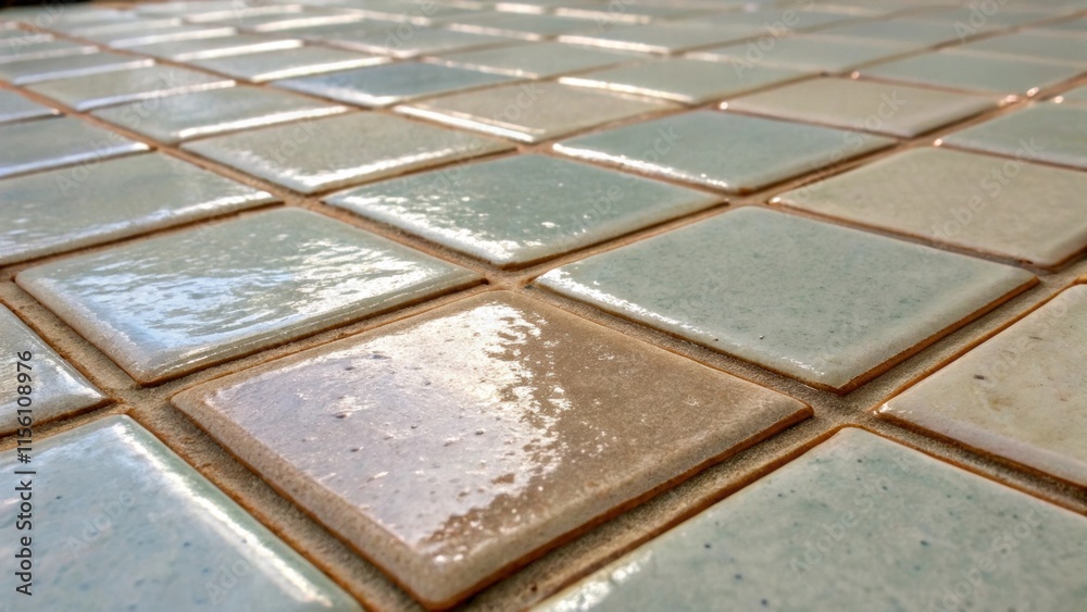 Poster A detailed image of a handmade tile its unique glaze catching the light just right with adjacent spaces where grout has not yet been applied adding to the anticipation of