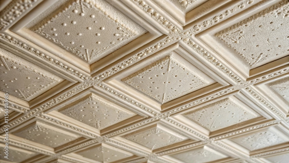 Poster A detailed image focusing on the raised design of a ceiling tile highlighting the craftsmanship involved as small specks of dust cling to its surface.