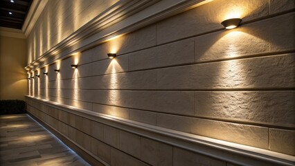 Obraz premium A detailed look at a section of the wall where the recessed lighting casts an intriguing interplay of light and shadow accentuating the simplicity of the space.