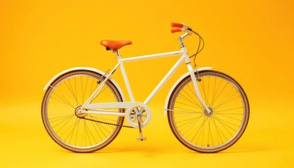 Fototapeta premium White bicycle with orange seat, handlebars on yellow background. Retro style illustration. Great for advertising bicycle shops cycling events. Transport vehicle for leisure activities. Perfect for
