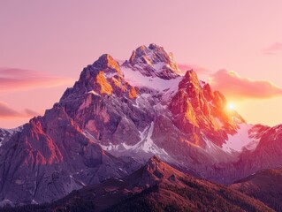 Obraz premium A breathtaking aerial view of a sunrise over the majestic Pizes de mountain range, with warm pink and orange hues illuminating the peaks and sky.