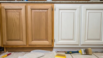 A detailed image capturing the juncture between two unfinished cabinets showcasing overlapping areas of primer application alongside untouched sections ready for the next stage of