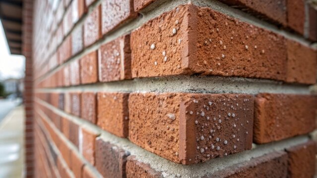 Fototapeta A detailed look at a vertical joint in the brick wall highlighting the craftsmanship of the mortar work with tiny air bubbles present in the fresh mortar that catch the light.
