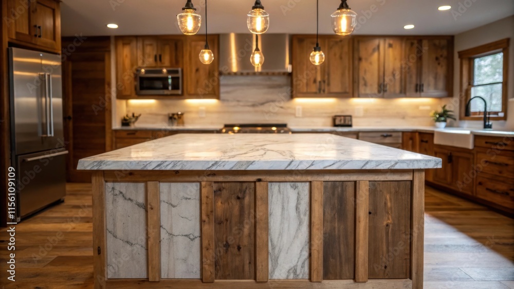 Poster A cozy kitchen island structured with reclaimed wood showcasing unmounted marble countertops that feature delicate swirls of white and gray illuminated by warm pendant lights.