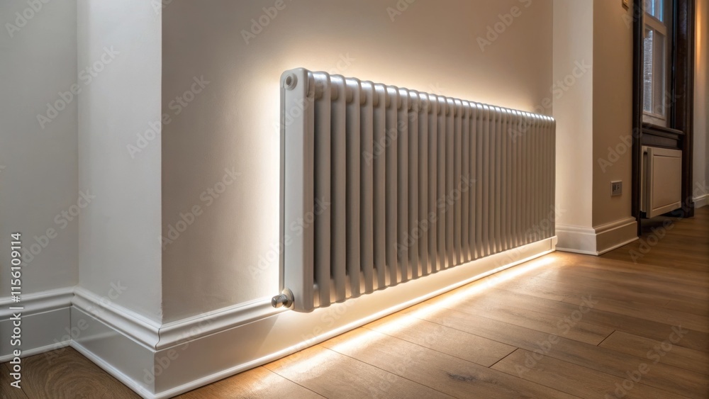 Poster A corner view of the radiator reveals its smart compact dimensions hugging the wall tightly while the light accentuates the curves and edges of its design harmonizing with the
