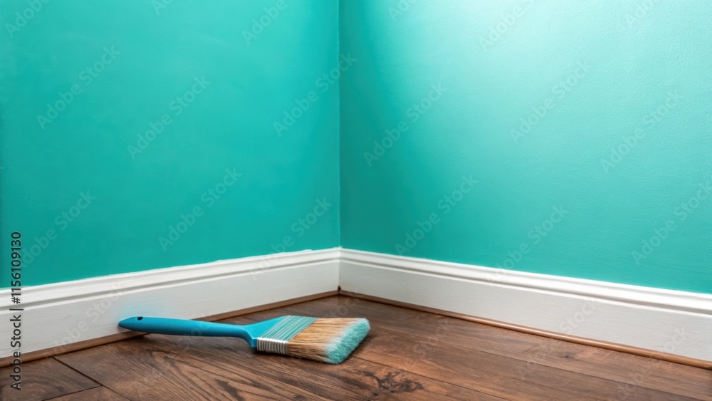 Poster a corner of a room with a vibrant teal wall in the process of drying reflecting soft light where a p