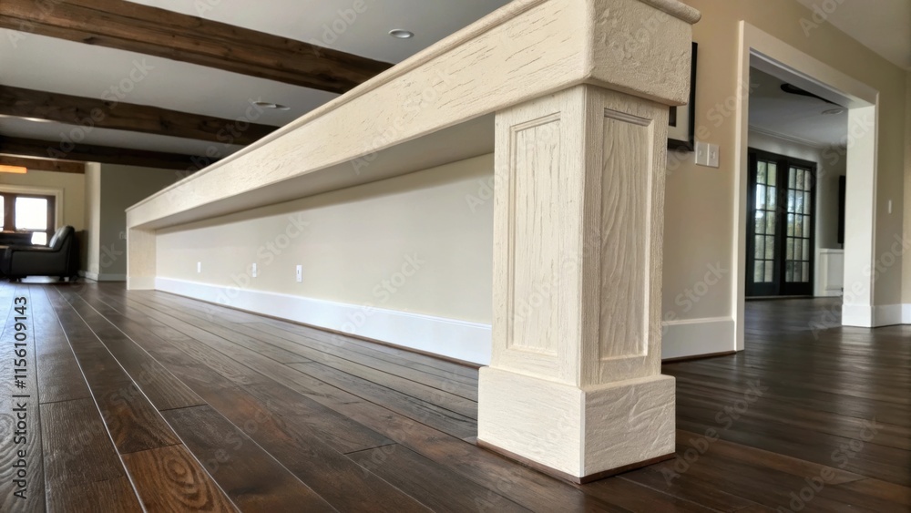 Poster A contrasting view of a beam with a modern texture sanded smooth and painted in a light hue paired with dark stained wooden flooring showcasing the harmonious blend of old and new
