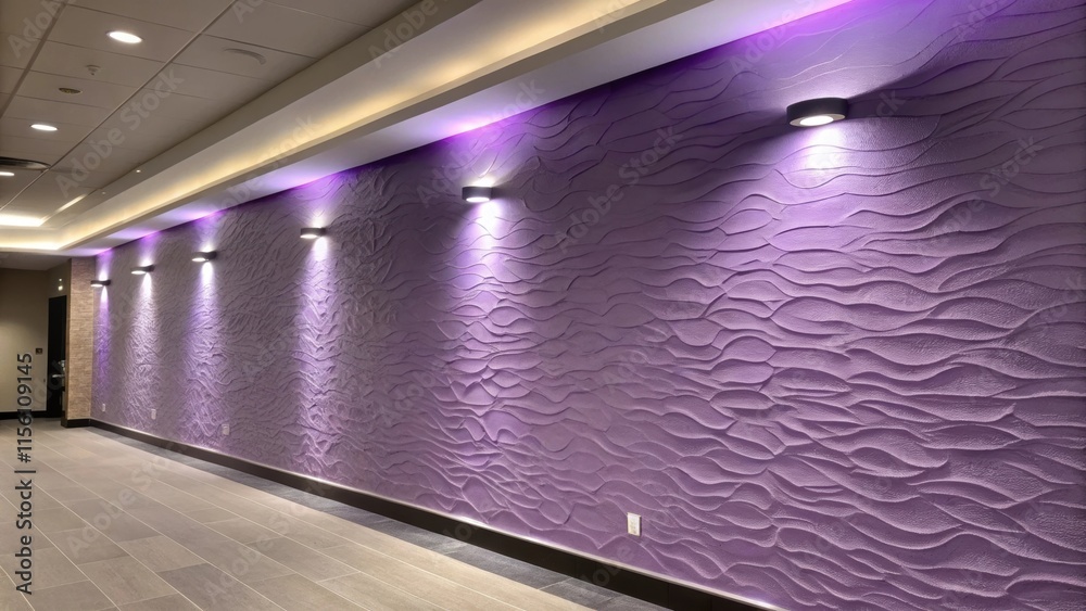 Poster a cool lavender accent wall with a unique texture that adds depth accentuated by contemporary lighti