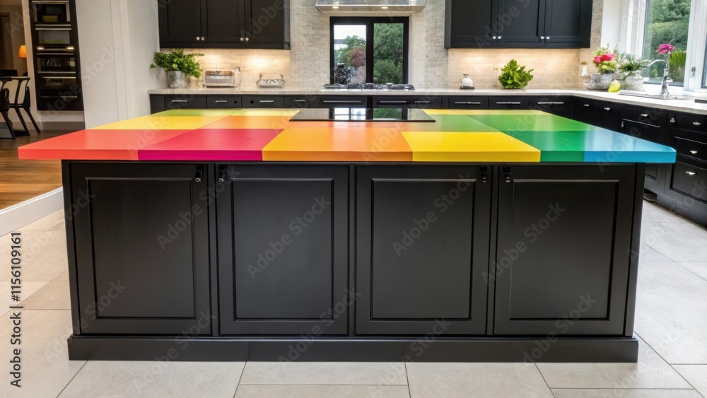 Poster a contemporary kitchen island showcasing a vibrant composite countertop its vivid hues contrasting b