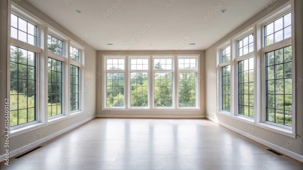 Poster A contemporary room with expansive unbroken windows that reflect natural light throughout the space. Smooth lightcolored walls present a clean surface while the lack of trim