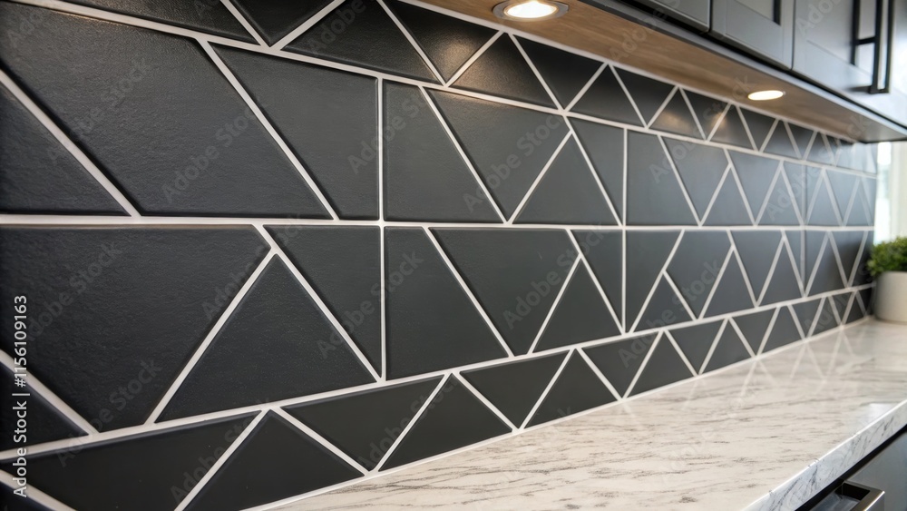 Poster A contemporary textured tile backsplash in matte black the fresh white grout filling in the gaps emphasizing modern geometric lines and sharp angles in a sleek finish.