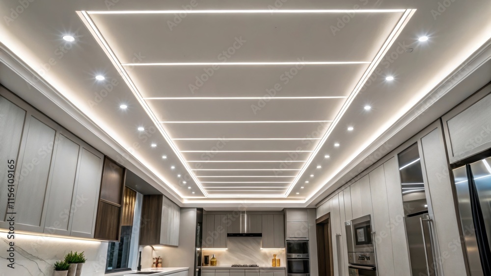 Poster a contemporary kitchen ceiling with linear recessed lighting outs running parallel to sleek cabinetr