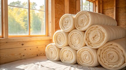 A corner bathed in warm natural light where neatly piled insulation rolls reveal their soft blanketed surfaces inviting a sense of coziness and warmth in the midst of renovation