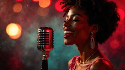 A smiling woman with curly hair sings passionately into a vintage microphone under vibrant red and blue stage lighting.
Concept of a live musical performance.