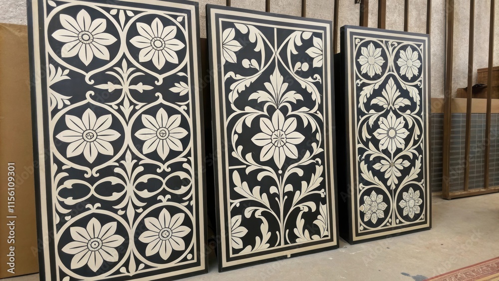 Poster a collection of black and white patterned wall panels exudes elegance with intricate floral motifs c