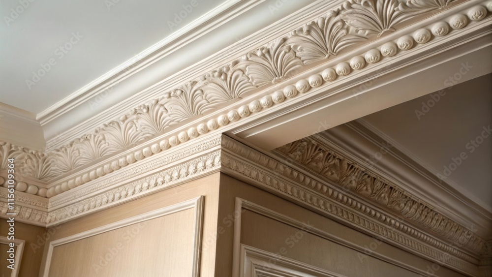 Aufkleber a close view of the crown molding against the backdrop of an empty rooms corner reveals an inviting 