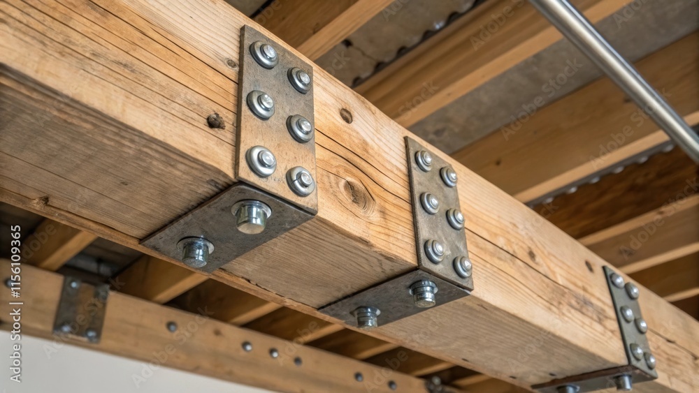 Aufkleber A close view of a support beam with a variety of metallic hardware attached showcasing the functional yet artistic nature of the unfinished ceiling design with its mix of