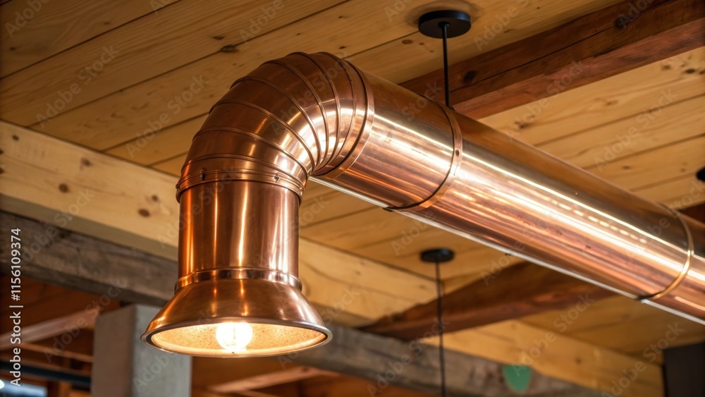 Poster a close view of a polished copper duct reflecting warm light elegantly contrasted against a rustic e