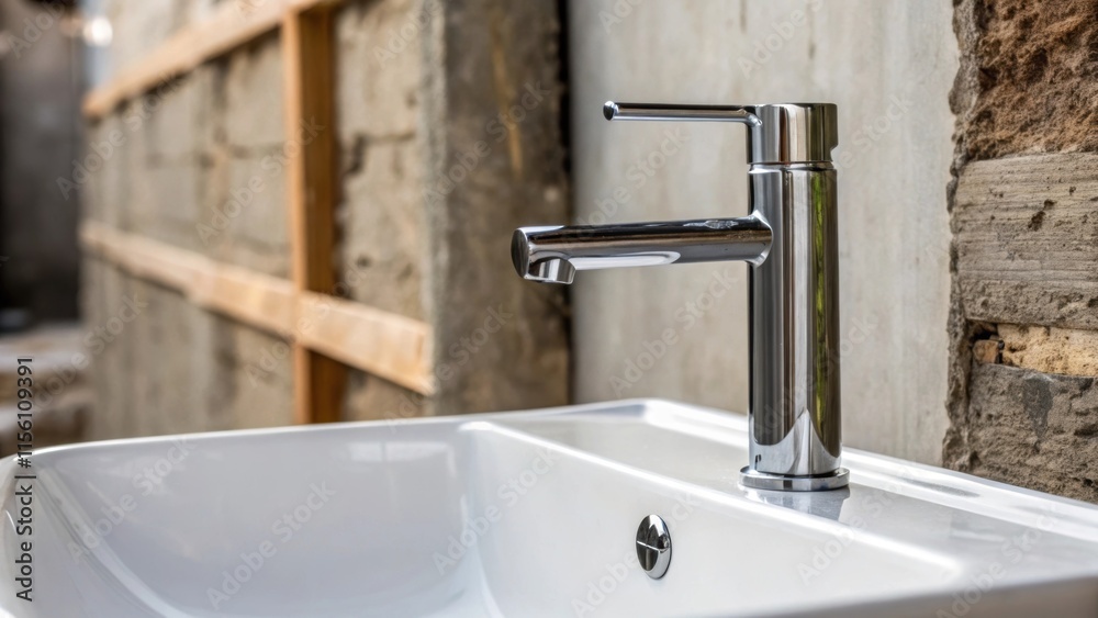 Poster A close view of a sink with a sleek modern faucet where the polished chrome contrasts sharply with the rough unfinished texture of the adjacent wall.
