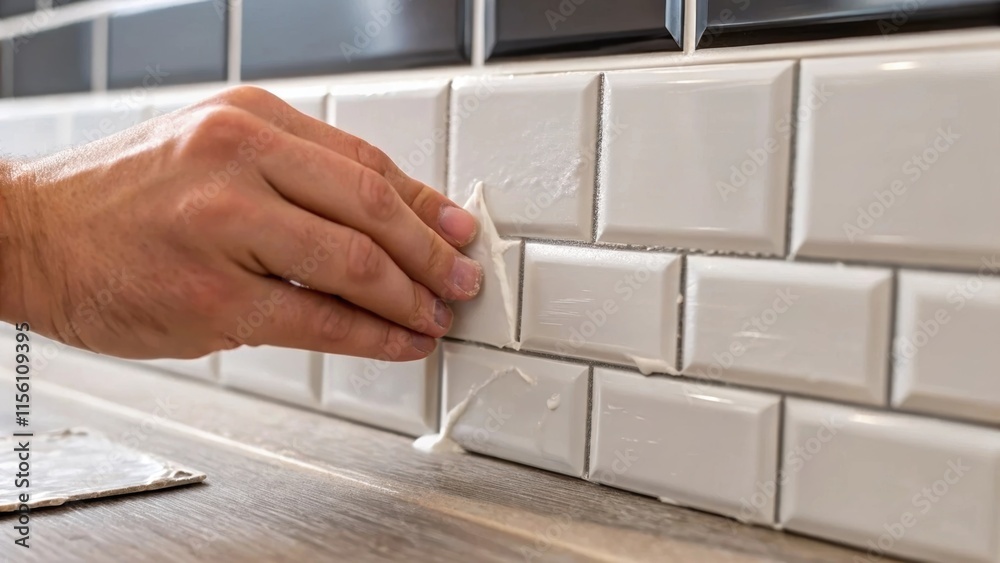 Poster a close view of a hand smearing adhesive on the back of a cabinet backsplash tile caught in midactio
