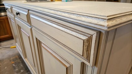 Obraz premium A close view of the cabinets top edge where the primer has collected in a puddle the surrounding areas showcasing brush marks as a testament to the timeconsuming detailing process.