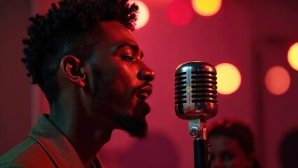 A serious man with a beard is singing into a vintage microphone with a red bokeh background. concept of musical performance.
