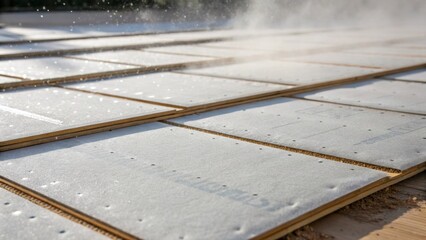 A close view of overlapping underlayment sheets the seams meticulously aligned with a touch of dust particles dancing in the air around them.