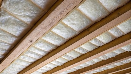 A close view of beams running parallel emphasizing their length and character with an ethereal layer of insulation softening the overall aesthetic.