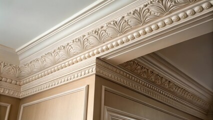 A close view of the crown molding against the backdrop of an empty rooms corner reveals an inviting promise of sophistication and style.