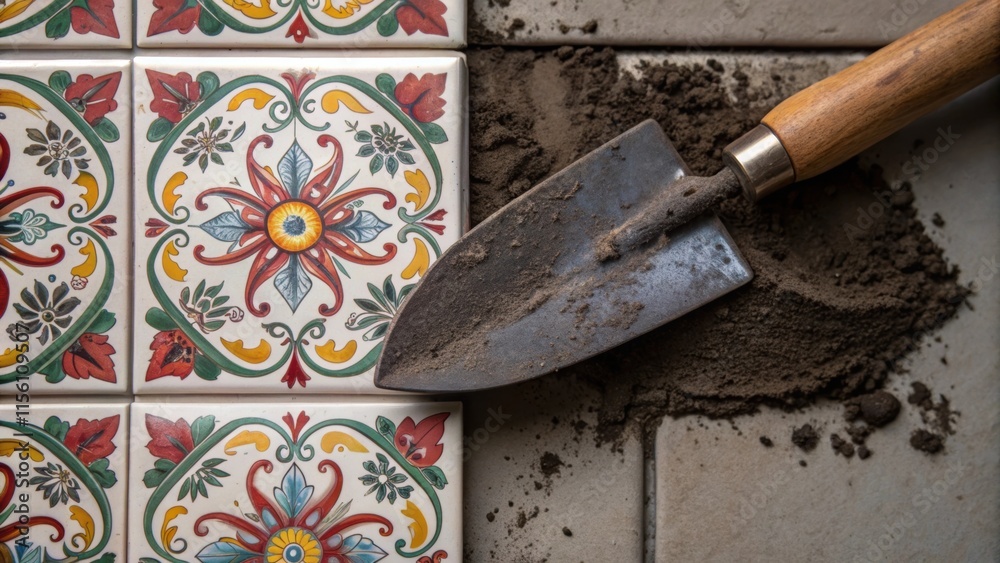 Poster a closeup view of layered ceramic tiles with artistic floral designs juxtaposed against a rugged tro