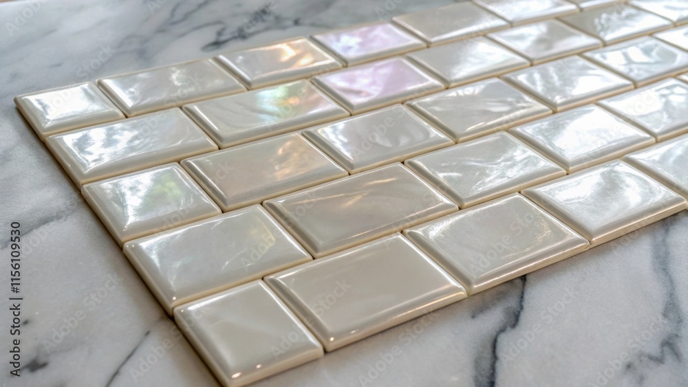 Poster A closeup view of glossy subway tiles with a pearl finish their reflective surfaces shimmering under soft lighting arranged in a perfect rectangular stack on a marble countertop.
