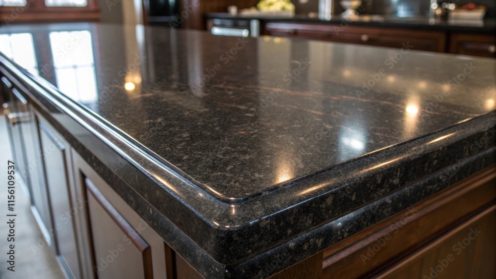 Poster A closeup view of a sleek dark granite countertop with polished razorsharp edges reflecting soft ambient light from above while showcasing subtle ing patterns.