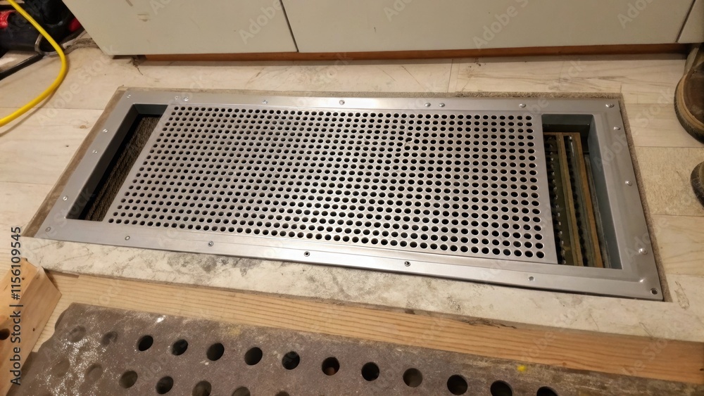 Poster a closeup view of a vent cover reveals a perforated design allowing glimpses of the floor beneath it