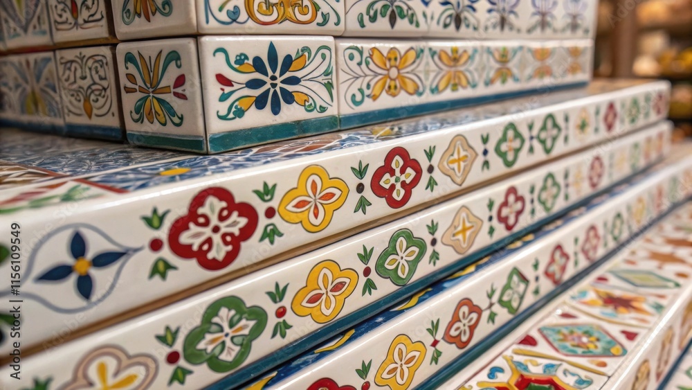 Poster A closeup view of a meticulously organized stack of ceramic tiles each displaying intricate designs with a glossy finish that catches the eye.