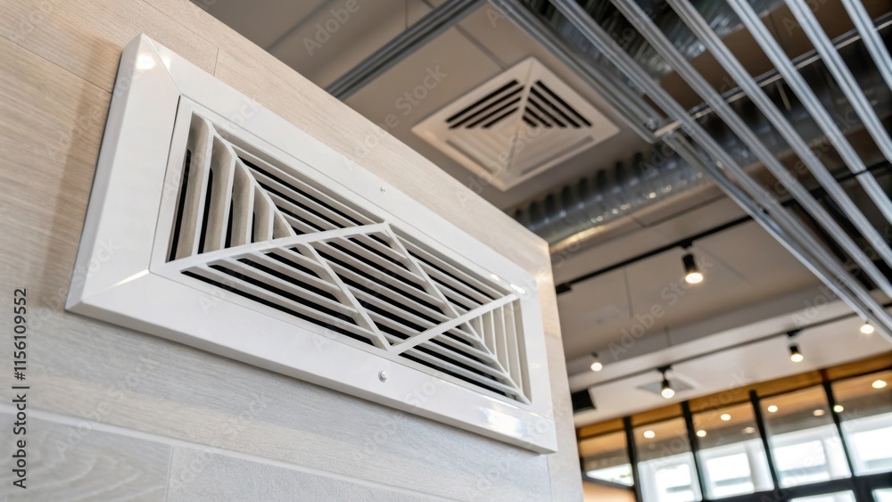 Aufkleber A closeup view of a rectangular heating vent with a minimalist design set within a contemporary open concept living area where exposed ducts crisscross overhead in a dynamic