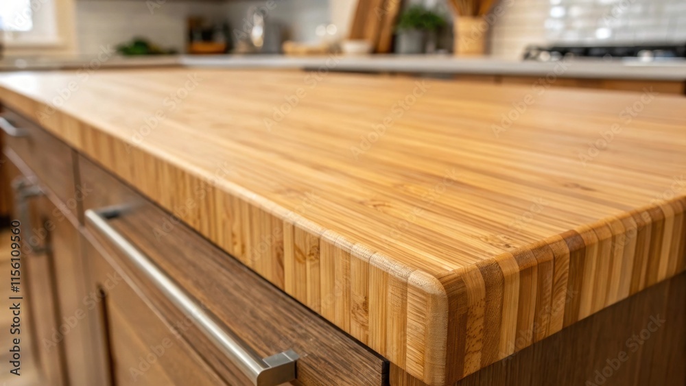 Poster a closeup view of an ecofriendly bamboo countertop featuring thin sharp edges that enhance the susta