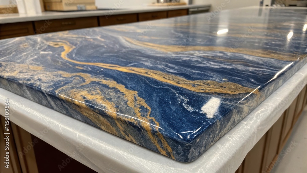 Poster a closeup view of a marbled granite countertop boasting swirls of deep blue and gold the surface unm
