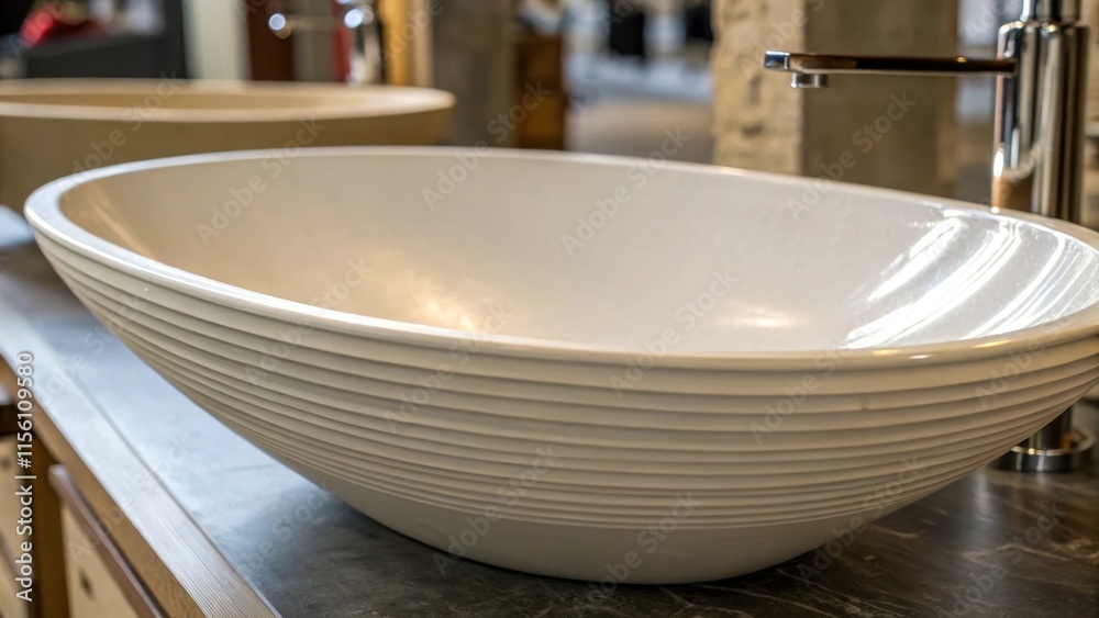 Aufkleber A closeup view of a freestanding sink basin showcases its sculptural form and the play of light across its surface. The curves and contours express a commitment to aesthetic as it