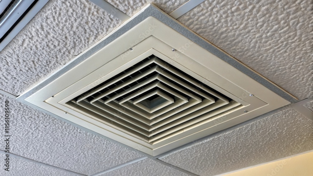Poster A closeup shows a rectangular air conditioning vent mounted on a textured ceiling where the interplay of light creates a dynamic pattern. The edges of the vent are sharp and clean