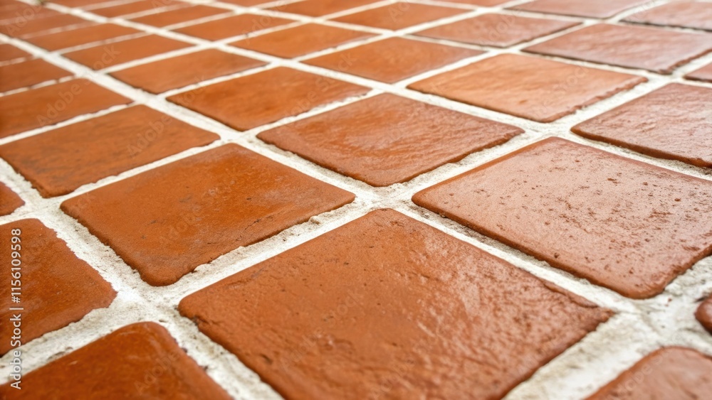Poster a closeup shot that captures the subtle texture of the tile surface where the warm terracotta hue me